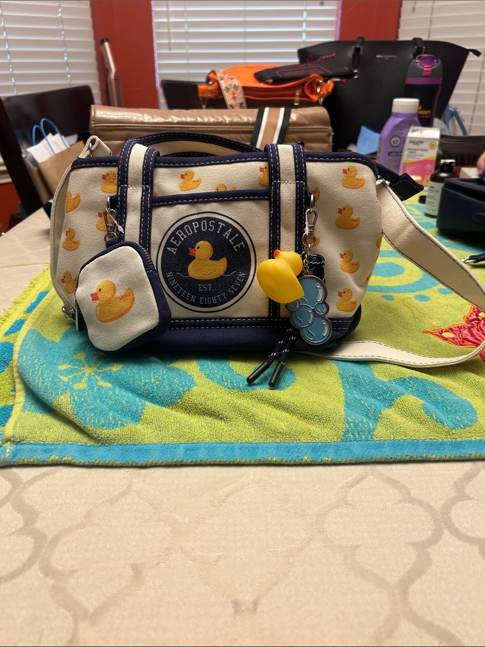 Aeropostale Navy, Cream & Yellow Duck Print Crossbody Bag with Charm